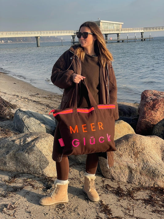 XL Canvas Shopper Strandtasche braun MEER Glück