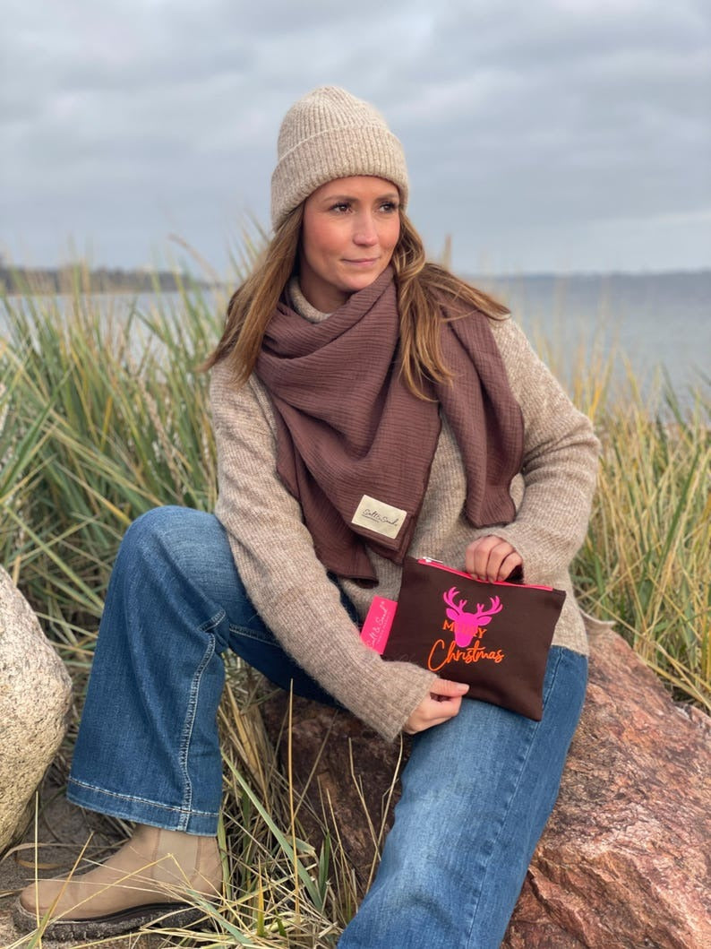 Kosmetiktasche aus Baumwoll Canvas l Brown Merry Christmas
