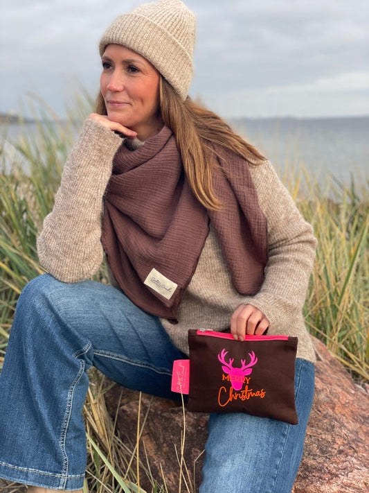 Kosmetiktasche aus Baumwoll Canvas l Brown Merry Christmas
