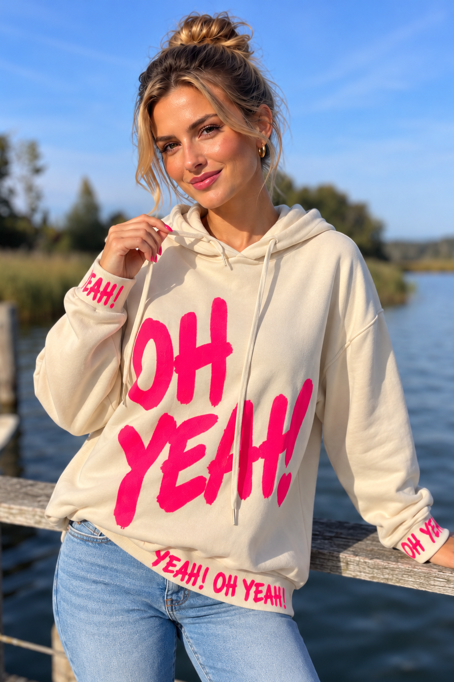 Oversize Hoodie „OH YEAH!“ – Sand mit Neonprint