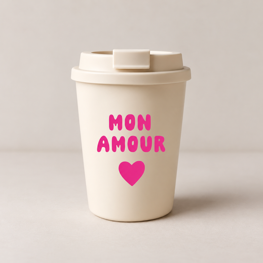Coffee-to-Go-Becher „Mon Amour“ – Creme/Pink | 350 ml