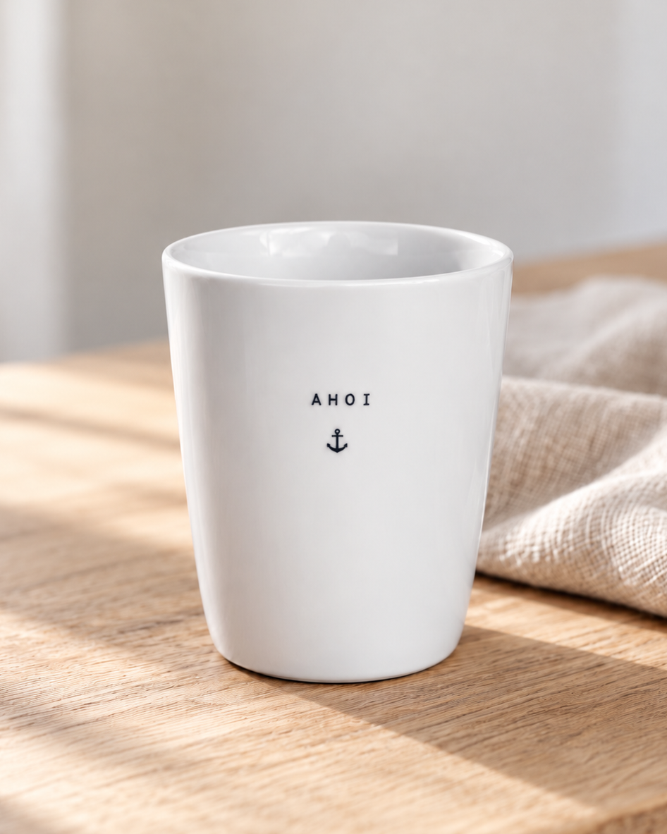 AHOI Becher mit Anker – Maritime Keramiktasse ohne Henkel - weiss