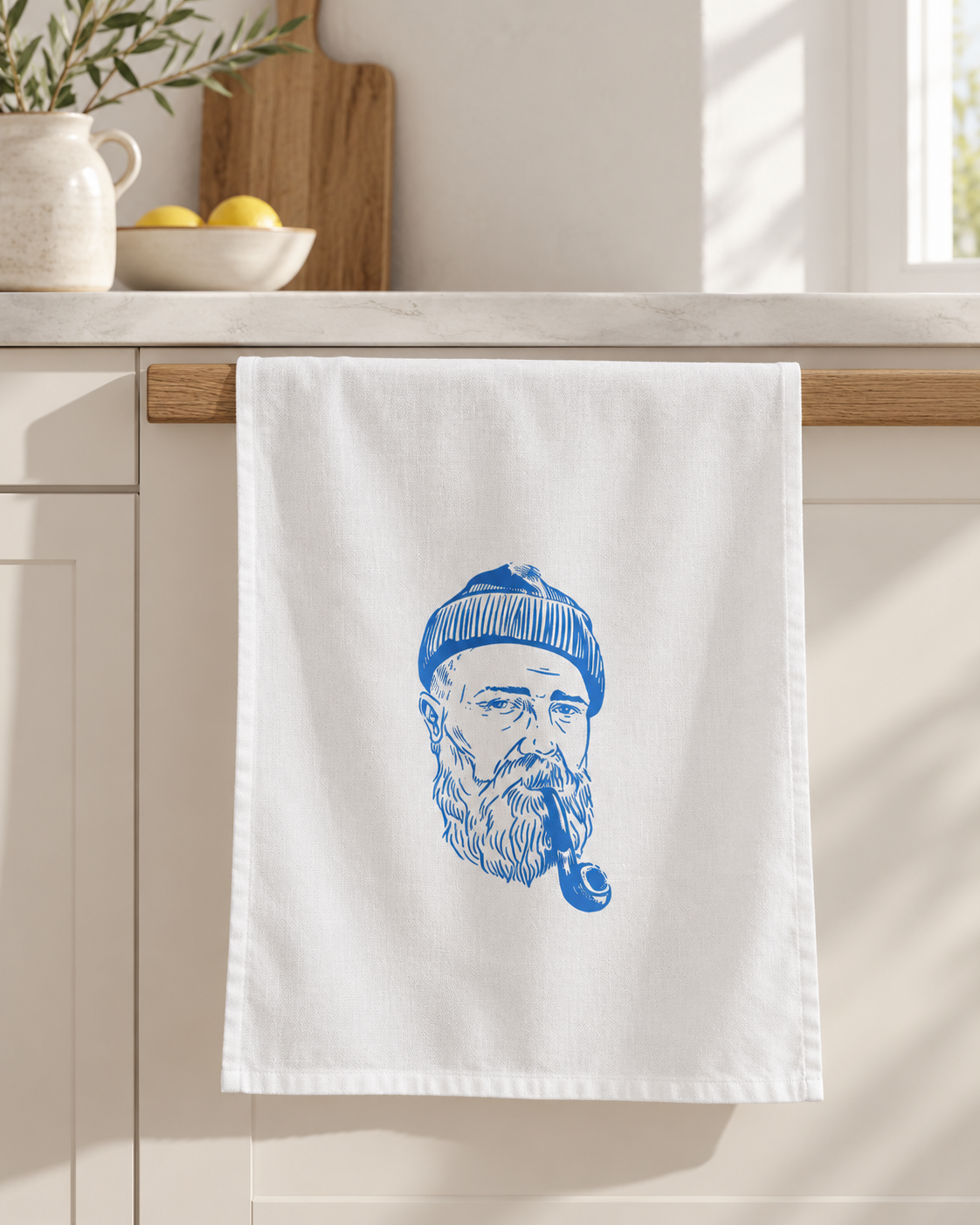 Geschirrtuch Seemann – Weiß mit blauem maritimem Motiv