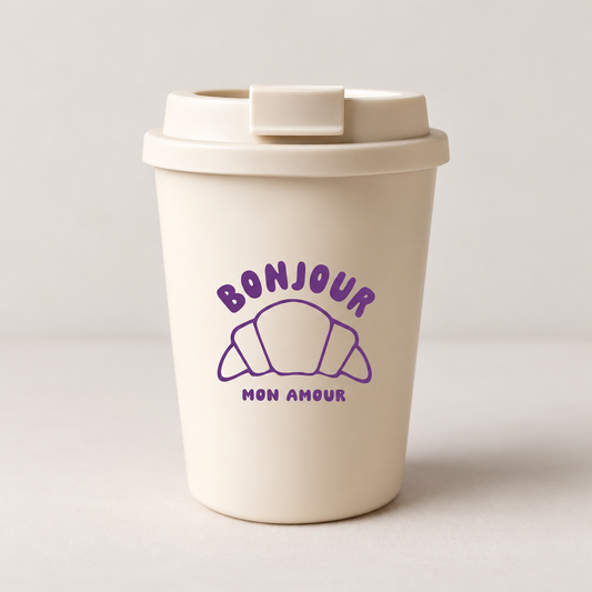 Coffee-to-Go-Becher „Bonjour mon Amour“ – Creme/Lila | 350 ml