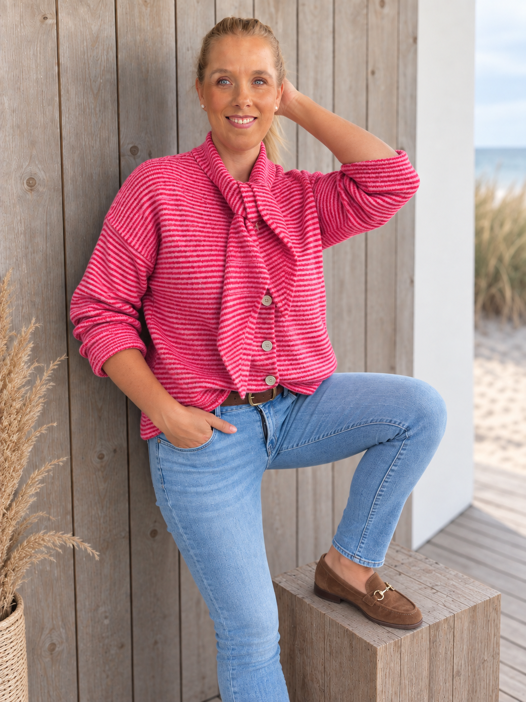 Strickjacke mit Schalkragen – Pink