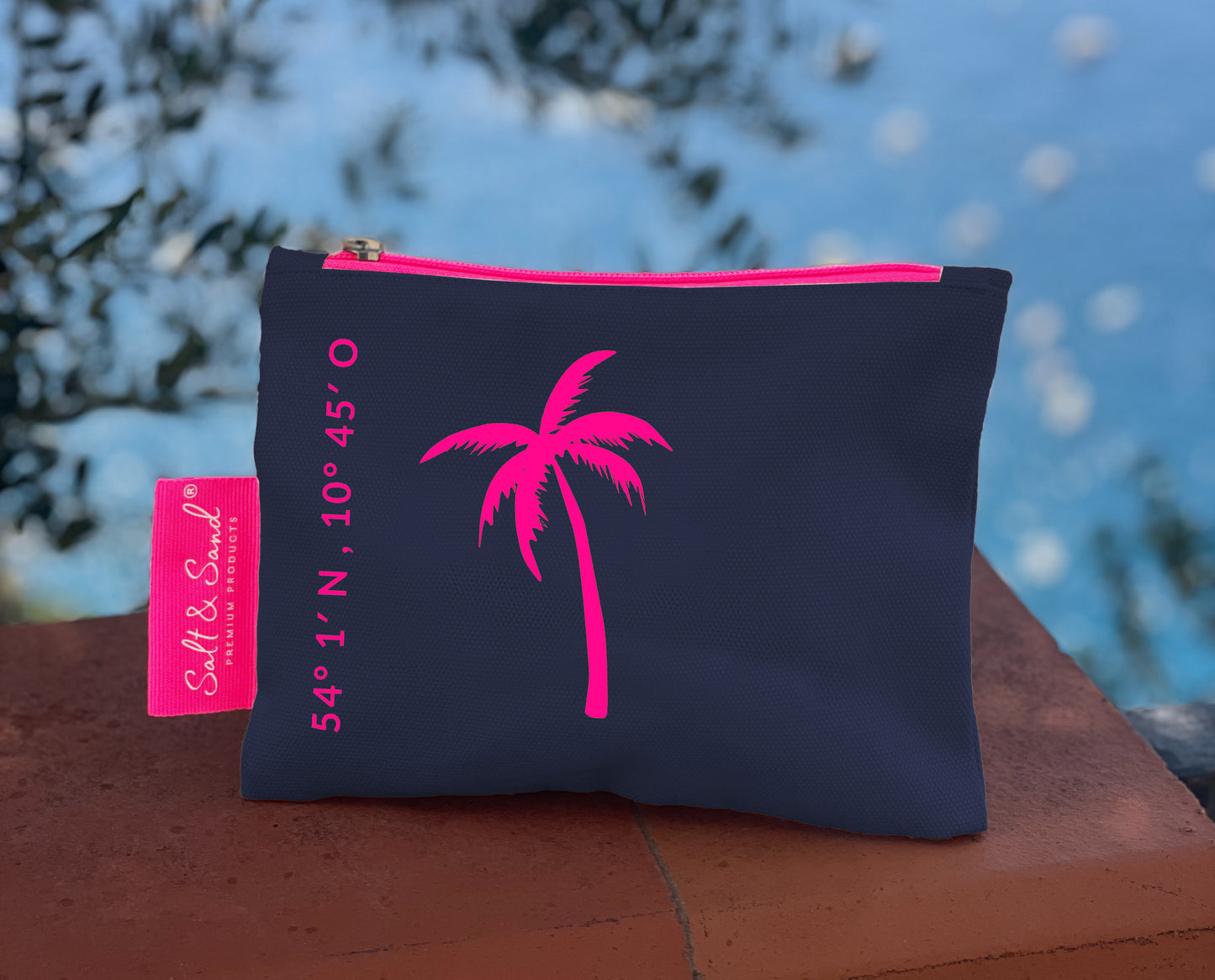 Kosmetiktasche aus Baumwoll Canvas l Blau pinke Palme