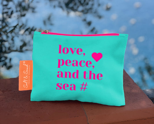 Kosmetiktasche aus Baumwoll Canvas l Türkis Love Peace and the sea
