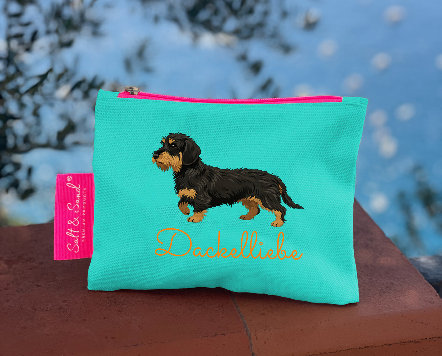 Kosmetiktasche aus Baumwoll Canvas l türkis Dackelliebe Rauhaardackel