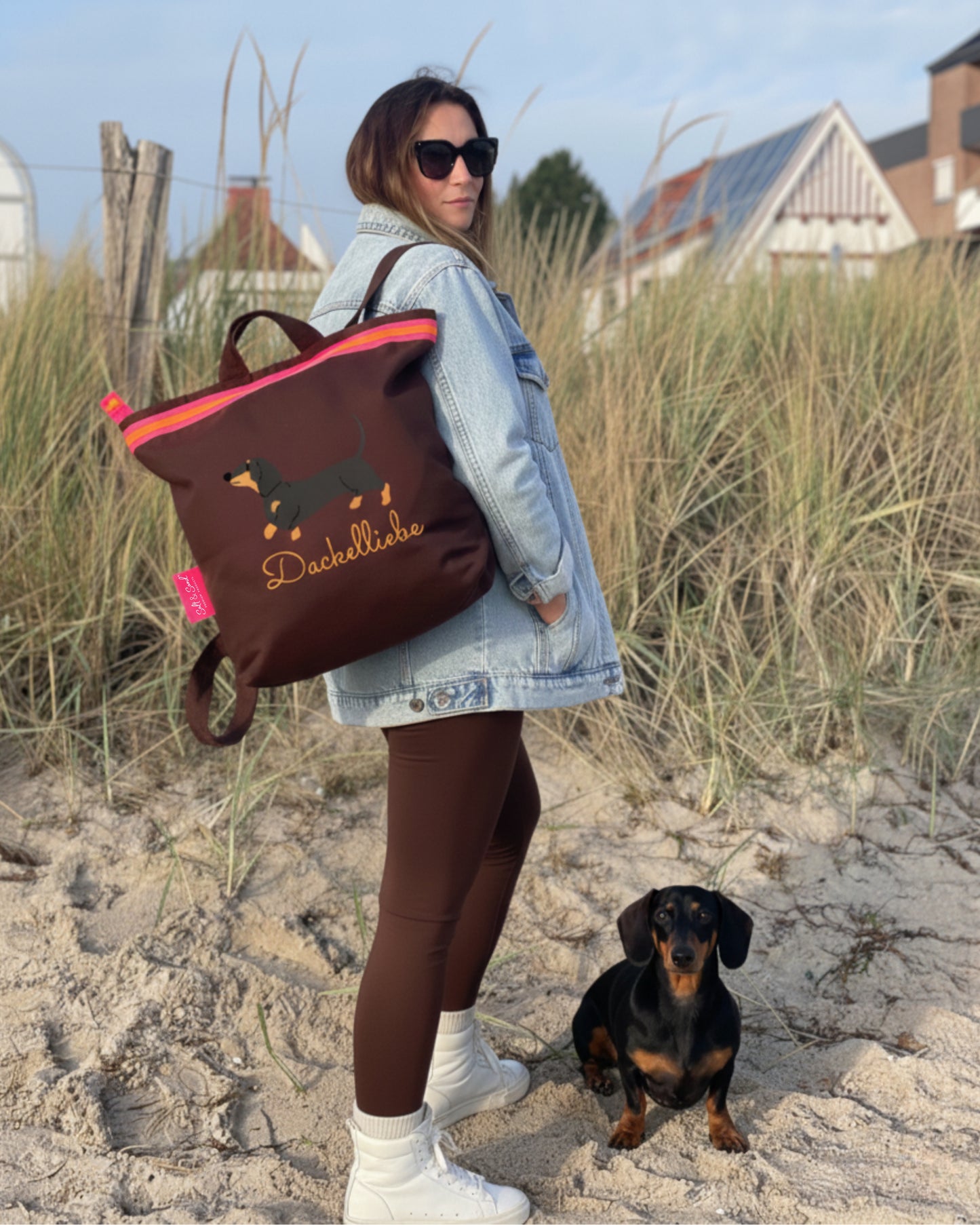 Canvas Rucksack Damen l braun Dackel