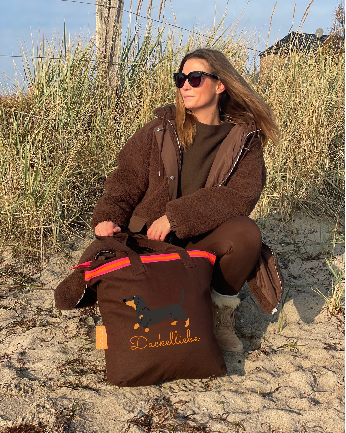 Canvas Shopper Tasche braun Dackelliebe