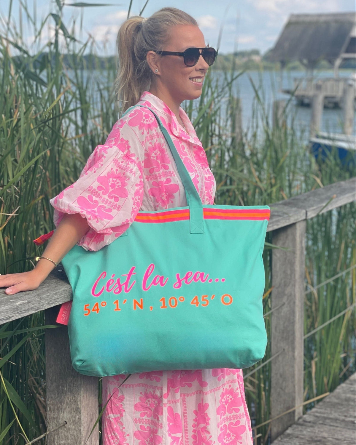 XL Canvas Shopper Strandtasche türkis Cest la sea