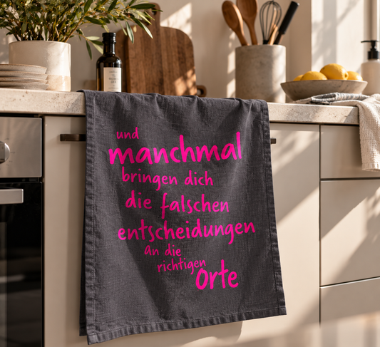 Geschirrtuch Entscheidungen – Grau mit pinkem Spruch