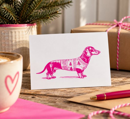 Postkarte Weihnachtsdackel – Festliche Grüße in Pink