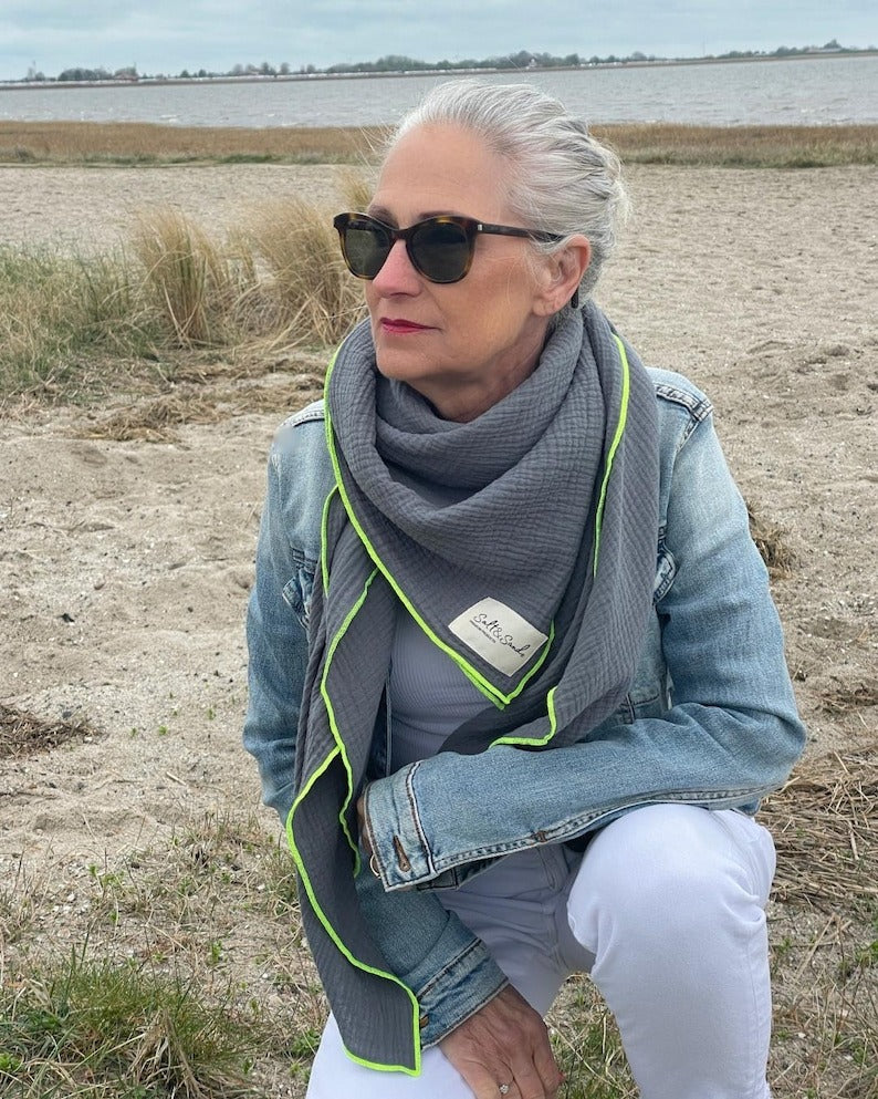 Musselin Tuch Damen l Anthrazit mit Neon Gelb