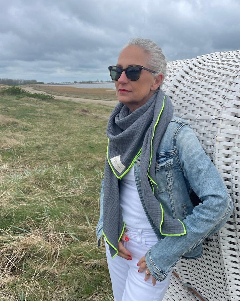 Musselin Tuch Damen l Anthrazit mit Neon Gelb