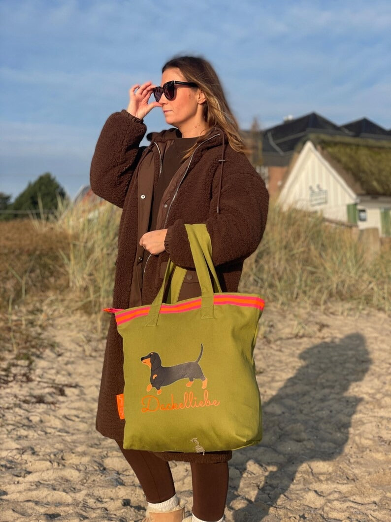 Canvas Shopper Tasche oliv Dackelliebe