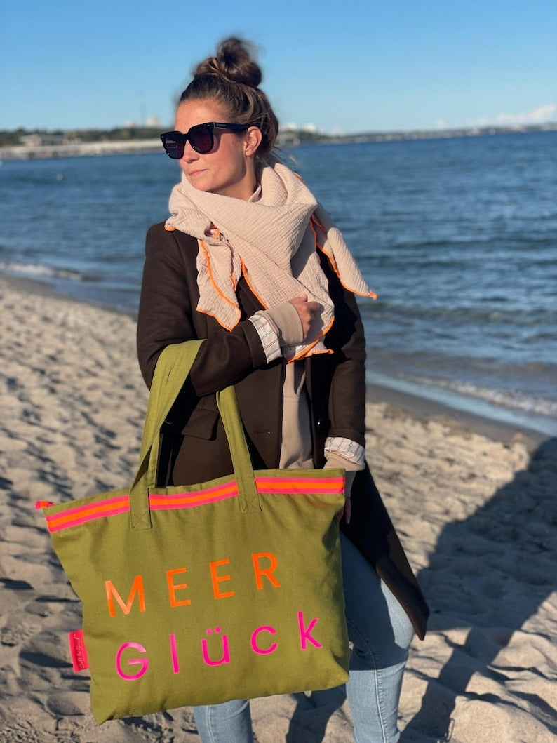 XL Canvas Shopper Strandtasche oliv MEER Glück