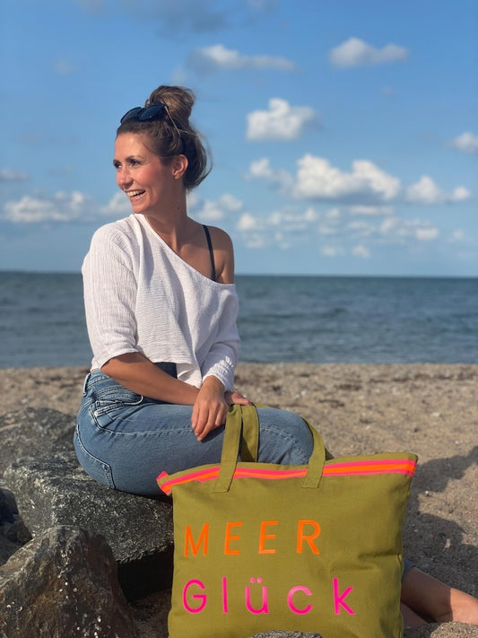 XL Canvas Shopper Strandtasche oliv MEER Glück / B-Ware