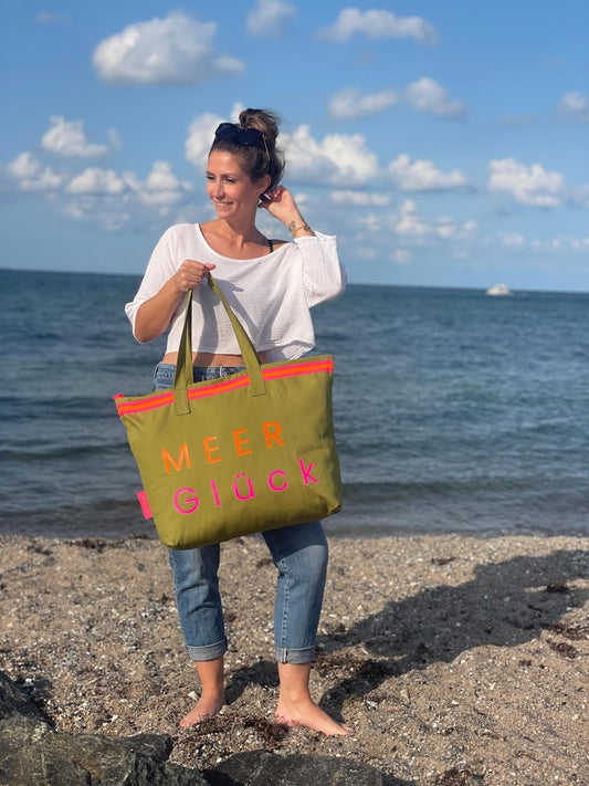 XL Canvas Shopper Strandtasche oliv MEER Glück / B-Ware