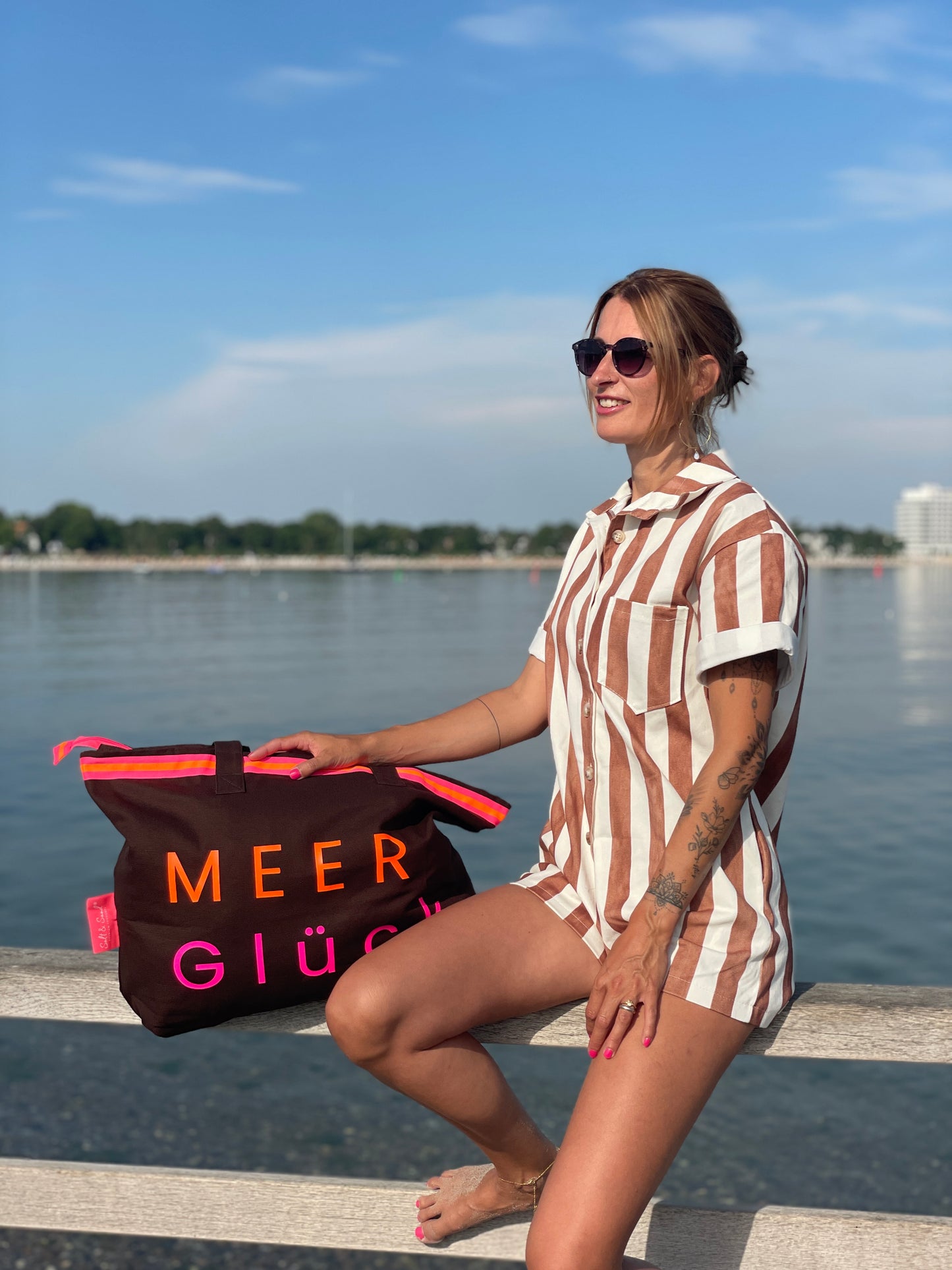 XL Canvas Shopper Strandtasche braun MEER Glück