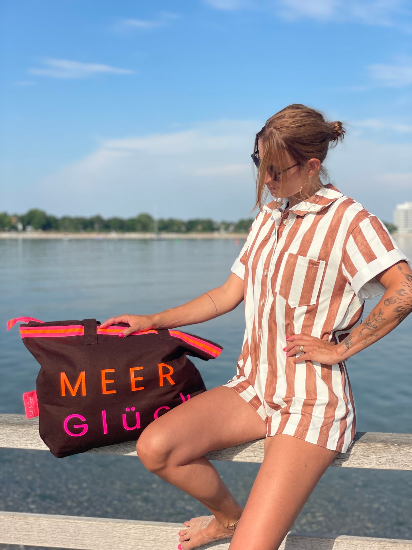 XL Canvas Shopper Strandtasche braun MEER Glück