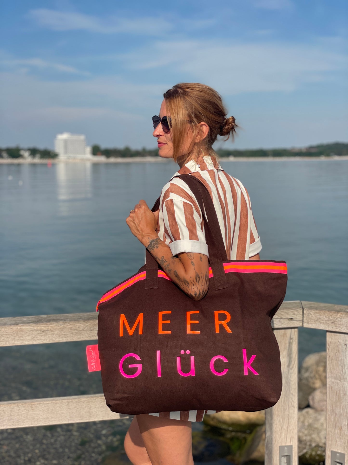 XL Canvas Shopper Strandtasche braun MEER Glück