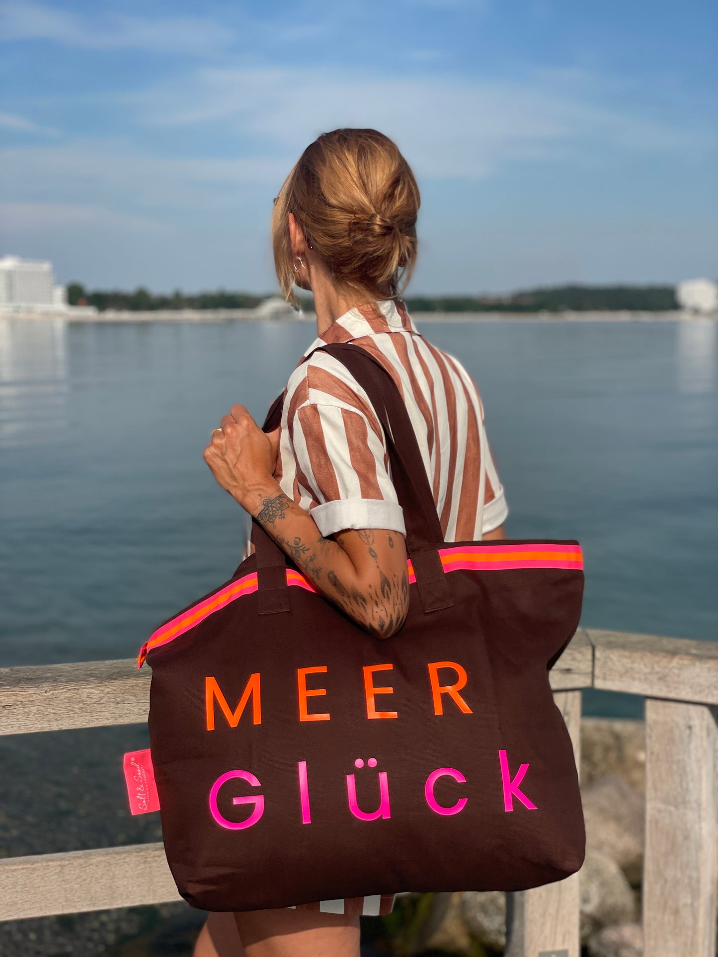XL Canvas Shopper Strandtasche braun MEER Glück