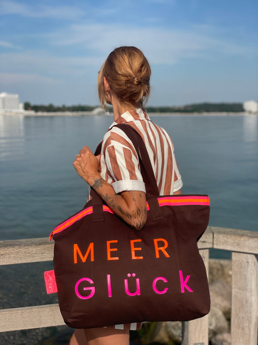 XL Canvas Shopper Strandtasche braun MEER Glück