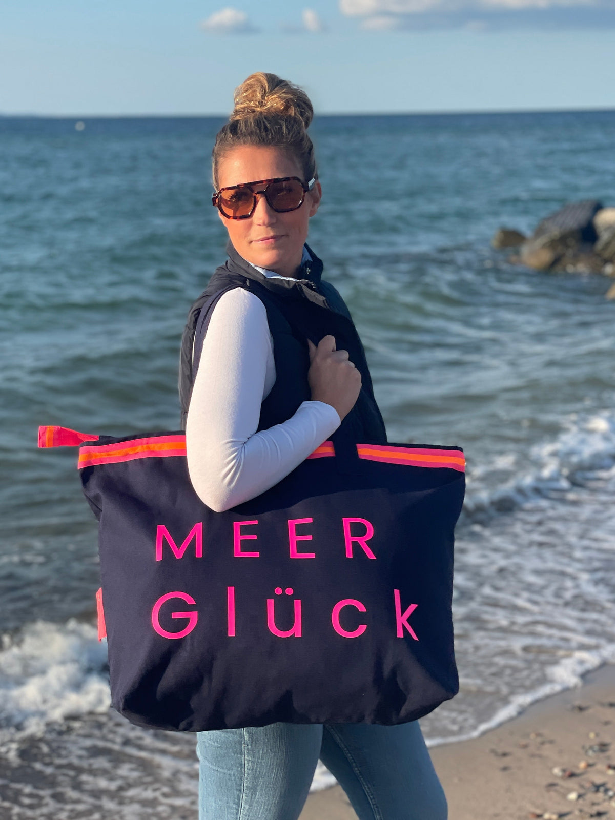 XL Canvas Shopper Strandtasche blau MEER Glück