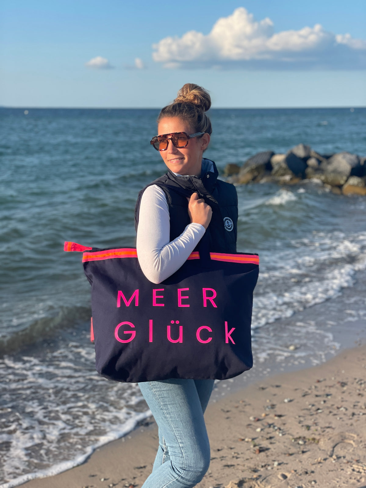 XL Canvas Shopper Strandtasche blau MEER Glück