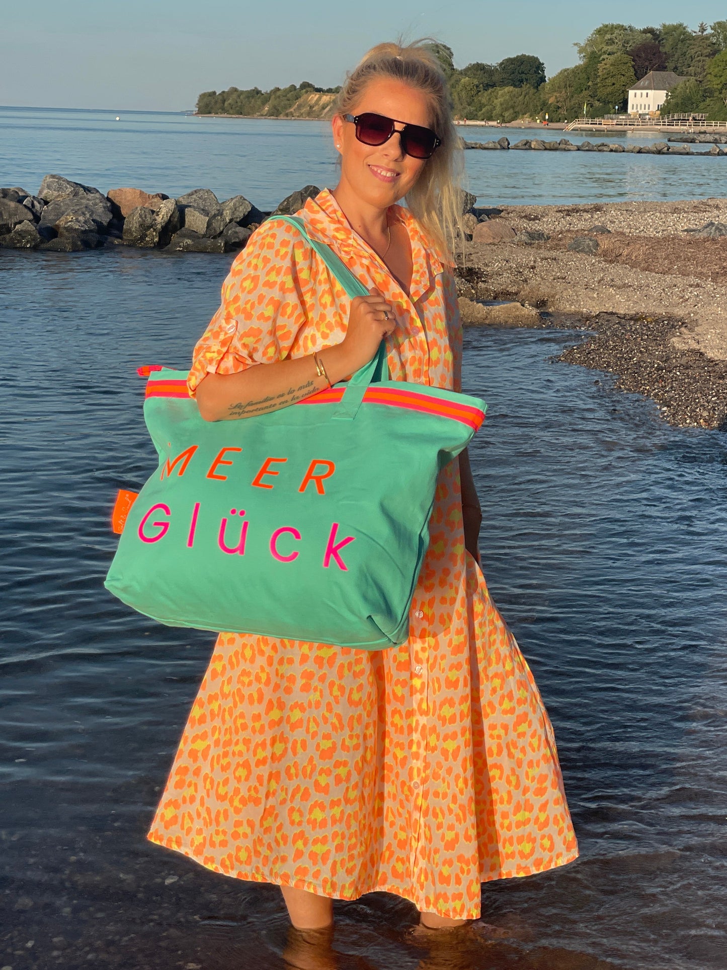 XL Canvas Shopper Strandtasche türkis MEER Glück
