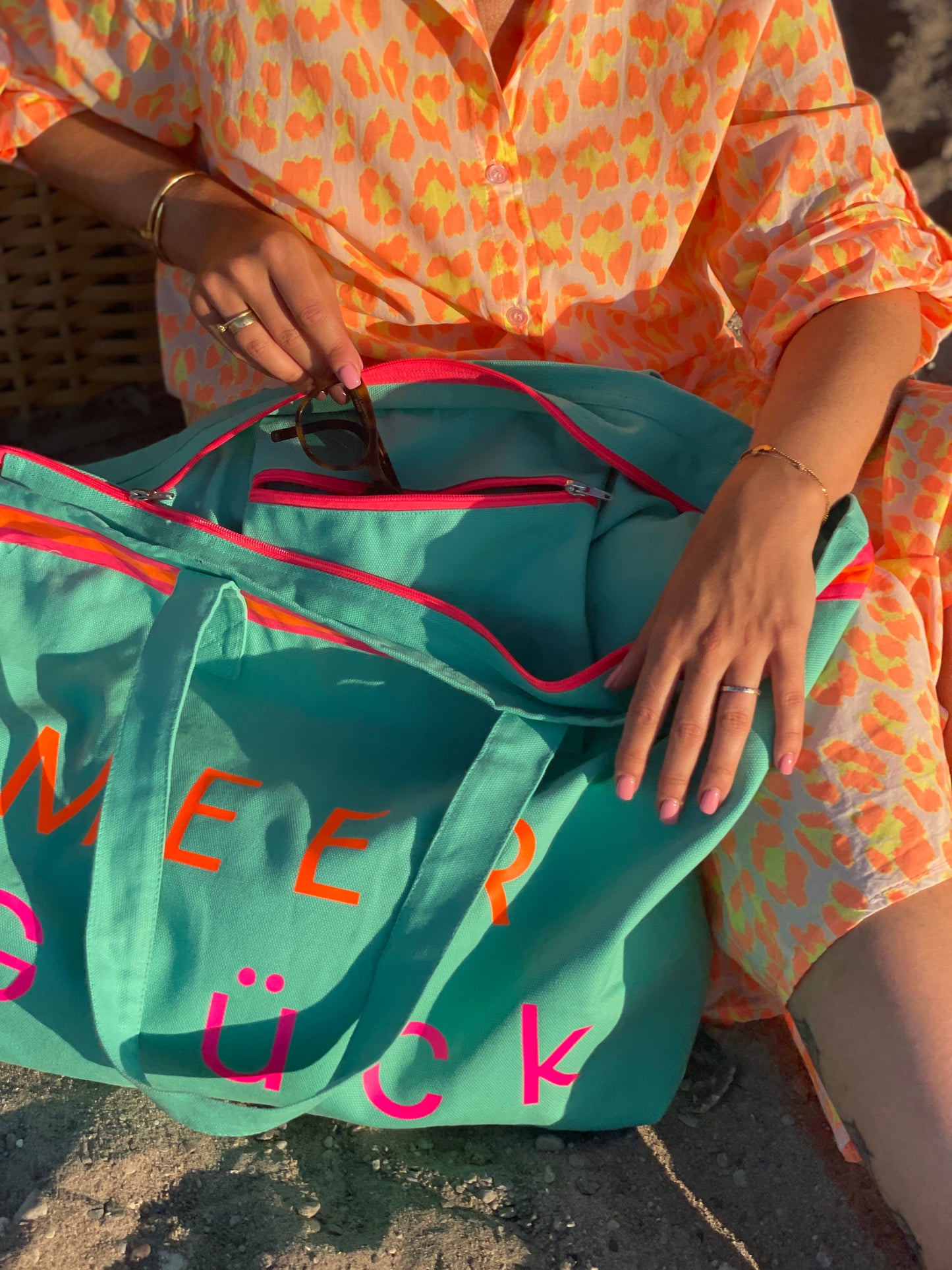 XL Canvas Shopper Strandtasche türkis MEER Glück