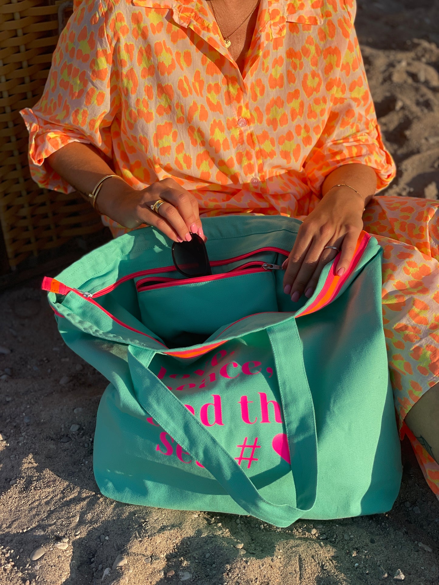 Canvas Shopper Tasche türkis Love Peace and the Sea