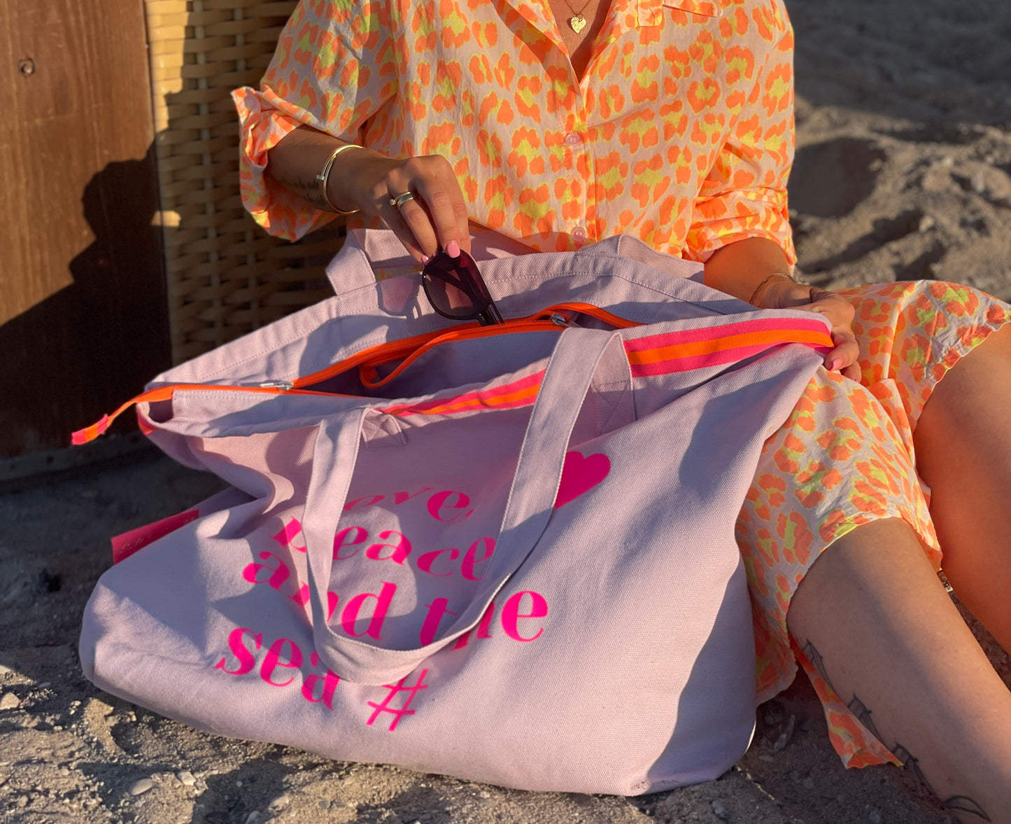 XL Canvas Shopper Strandtasche lavendel Love peace and the sea