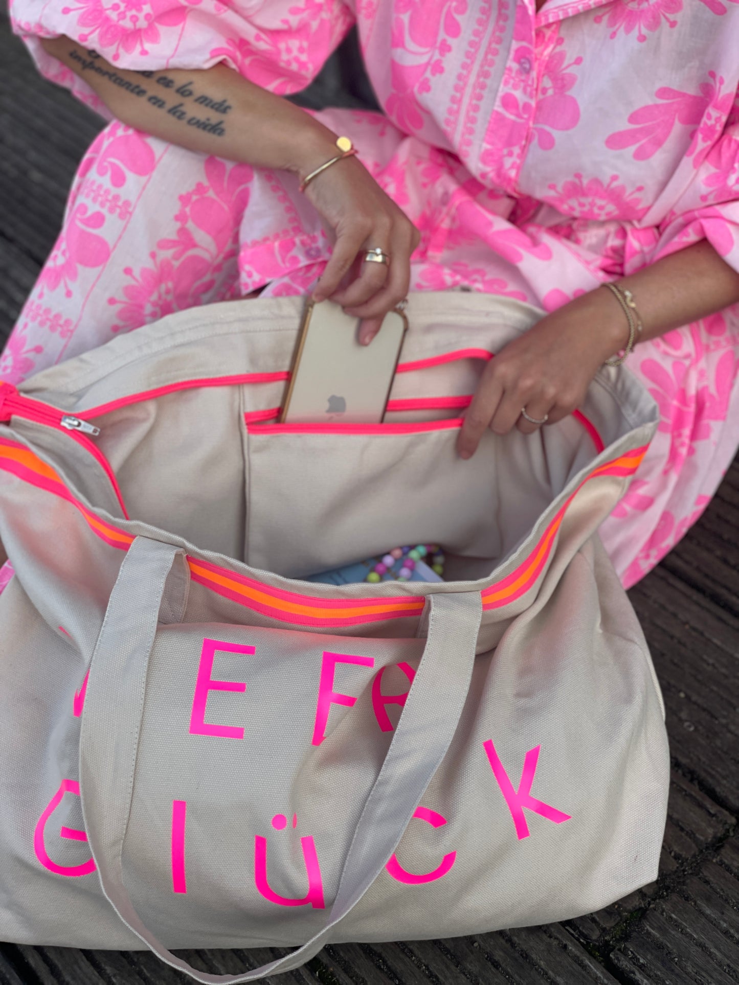 XL Canvas Shopper Strandtasche beige MEER Glück