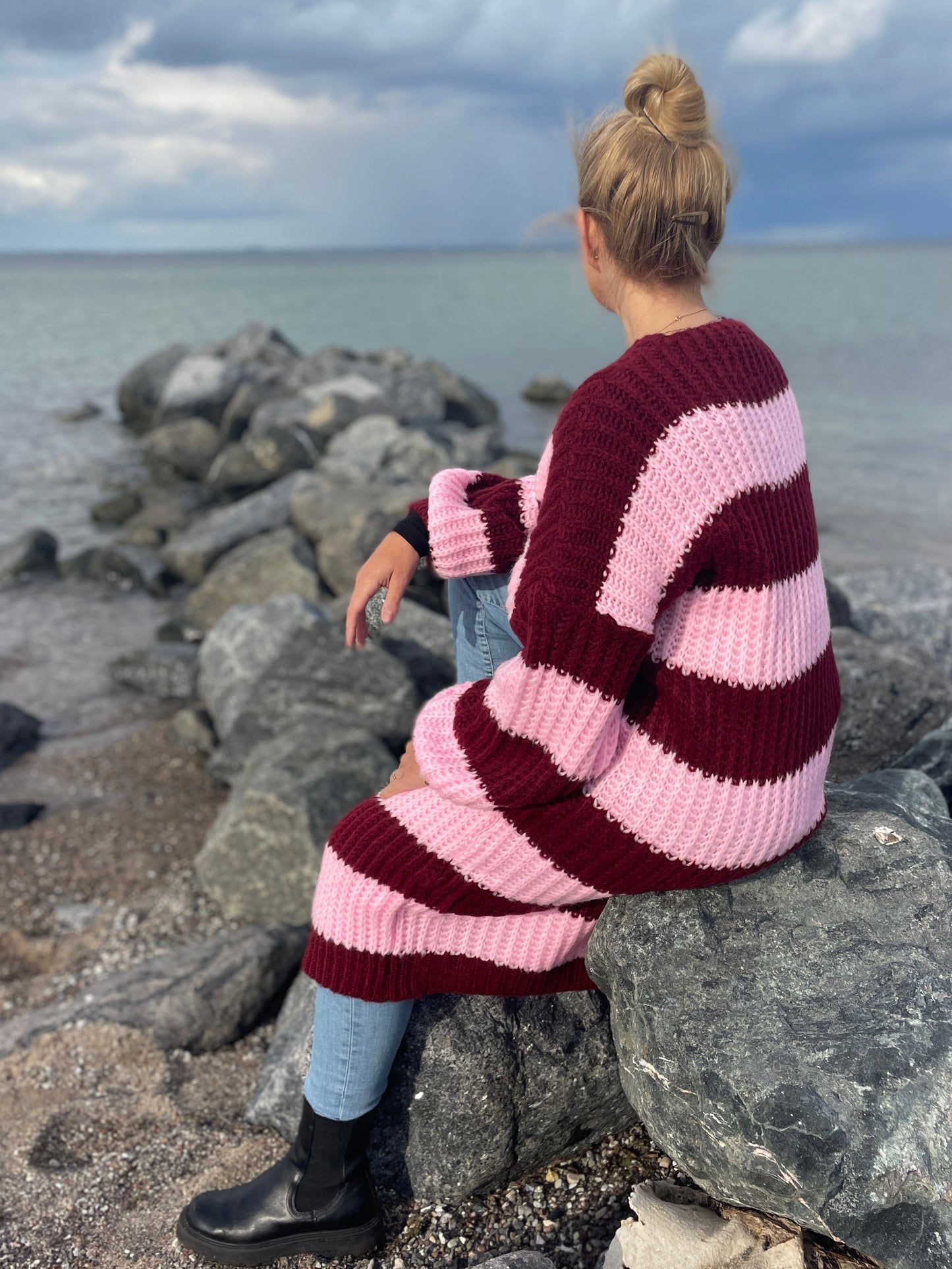 Oversize Strickmantel Bordeaux/Rosa