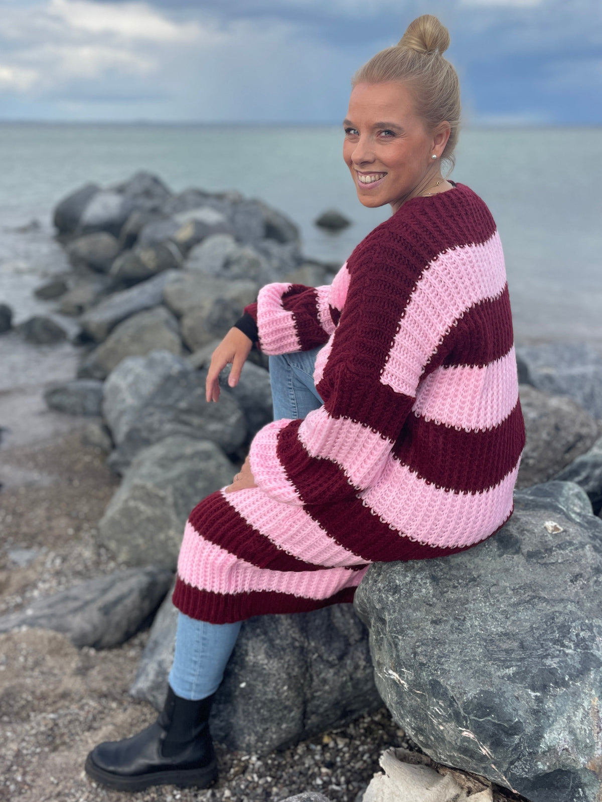 Oversize Strickmantel Bordeaux/Rosa