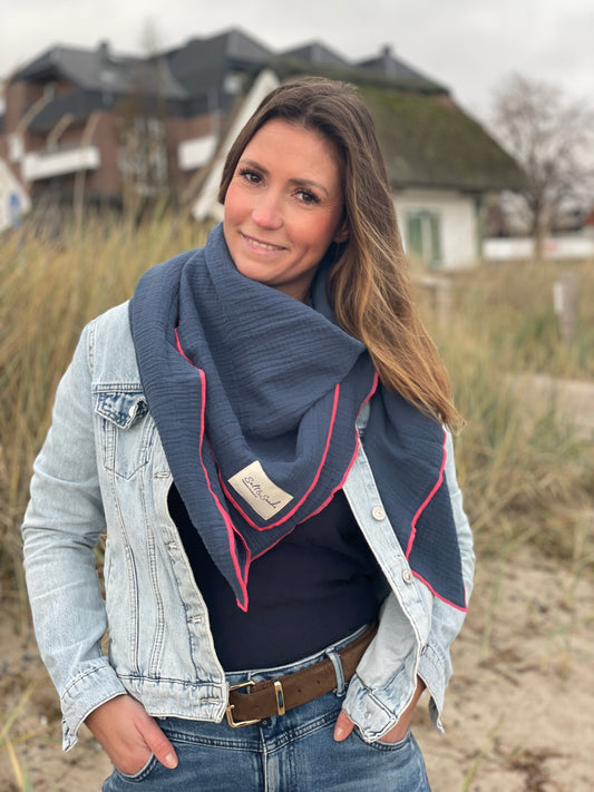 Musselin Tuch Damen l Jeansblau mit pink