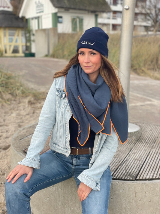 Musselin Tuch Damen l Jeansblau mit orange