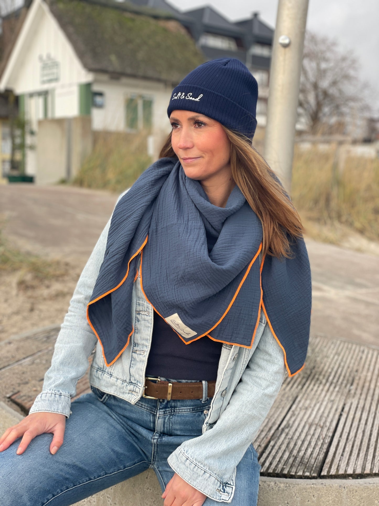 Musselin Tuch Damen l Jeansblau mit orange