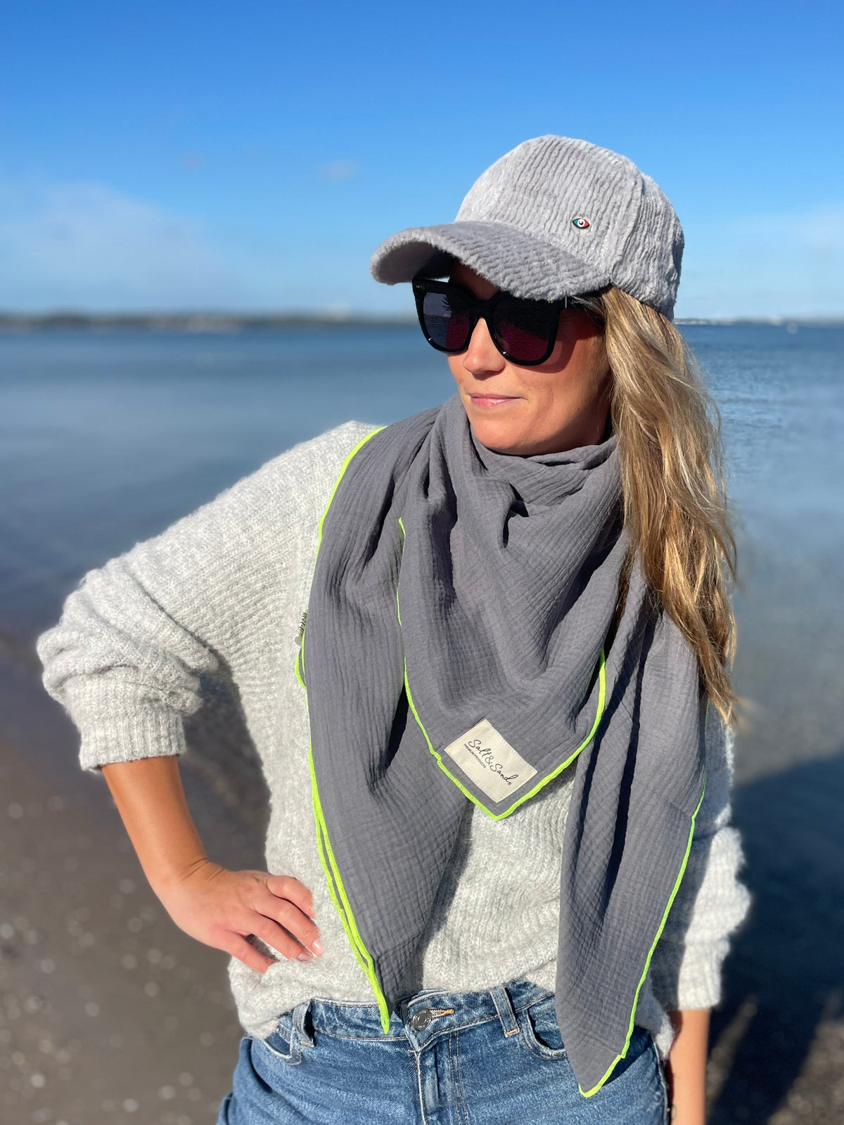 Musselin Tuch Damen l Anthrazit mit Neon Gelb
