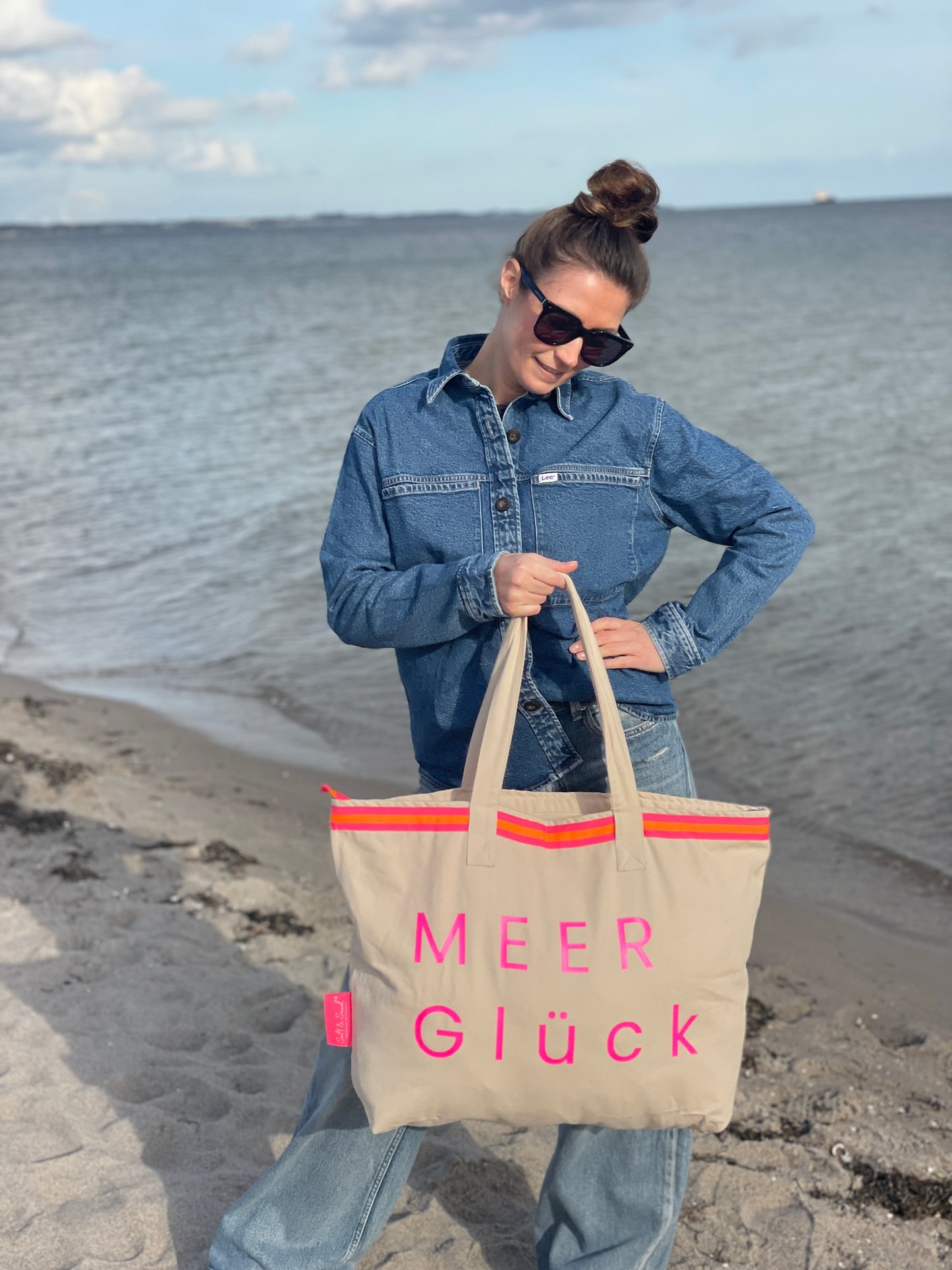 XL Canvas Shopper Strandtasche beige MEER Glück