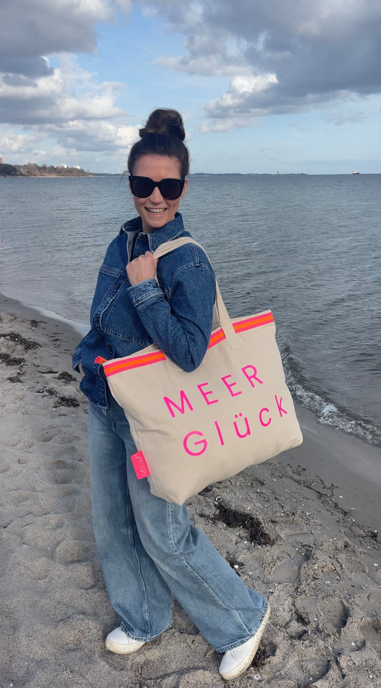 XL Canvas Shopper Strandtasche beige MEER Glück