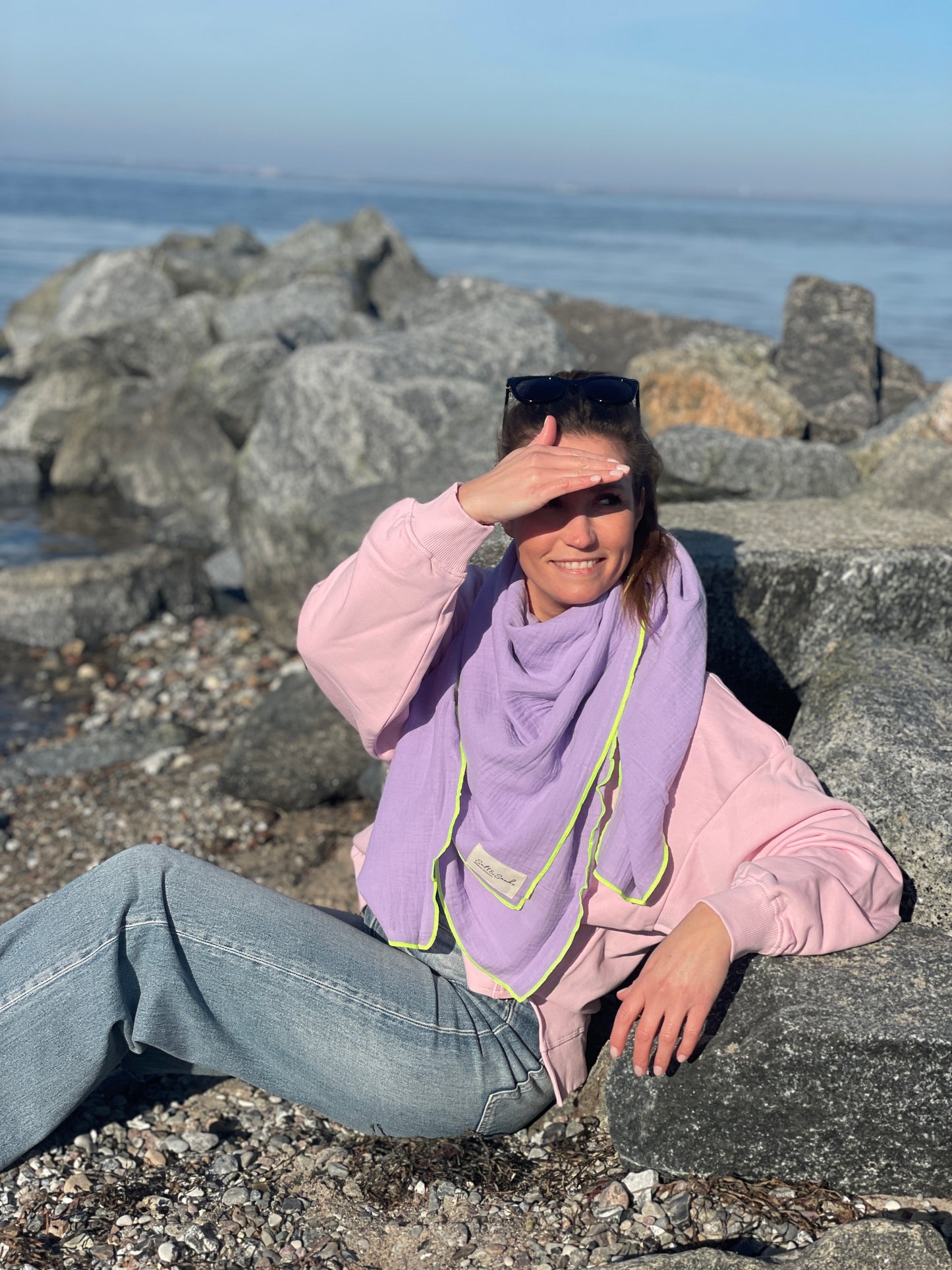 Musselin Tuch Damen l Lavendel mit Neon Gelb