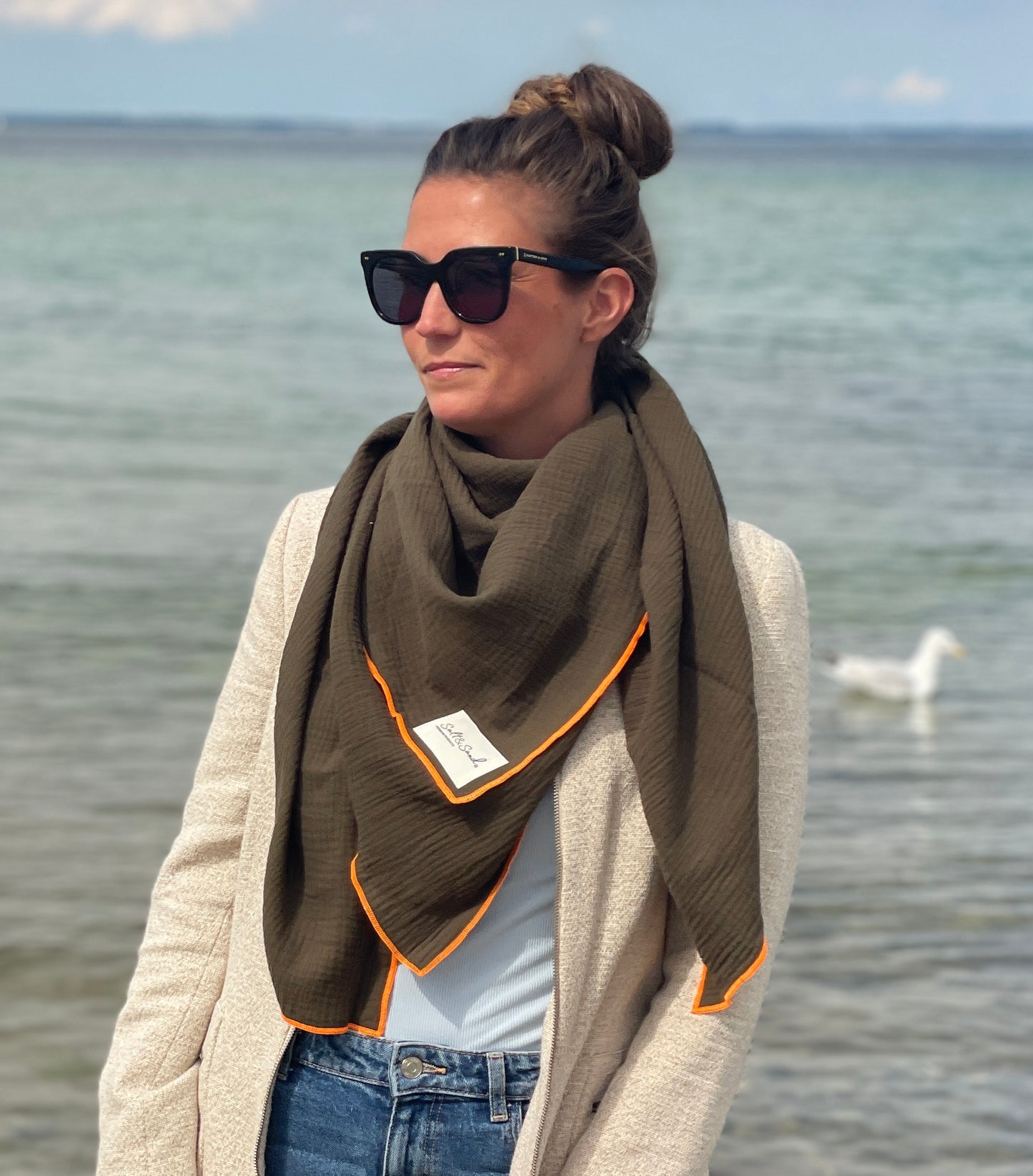 Musselin Tuch Damen l Khaki mit Neon Orange