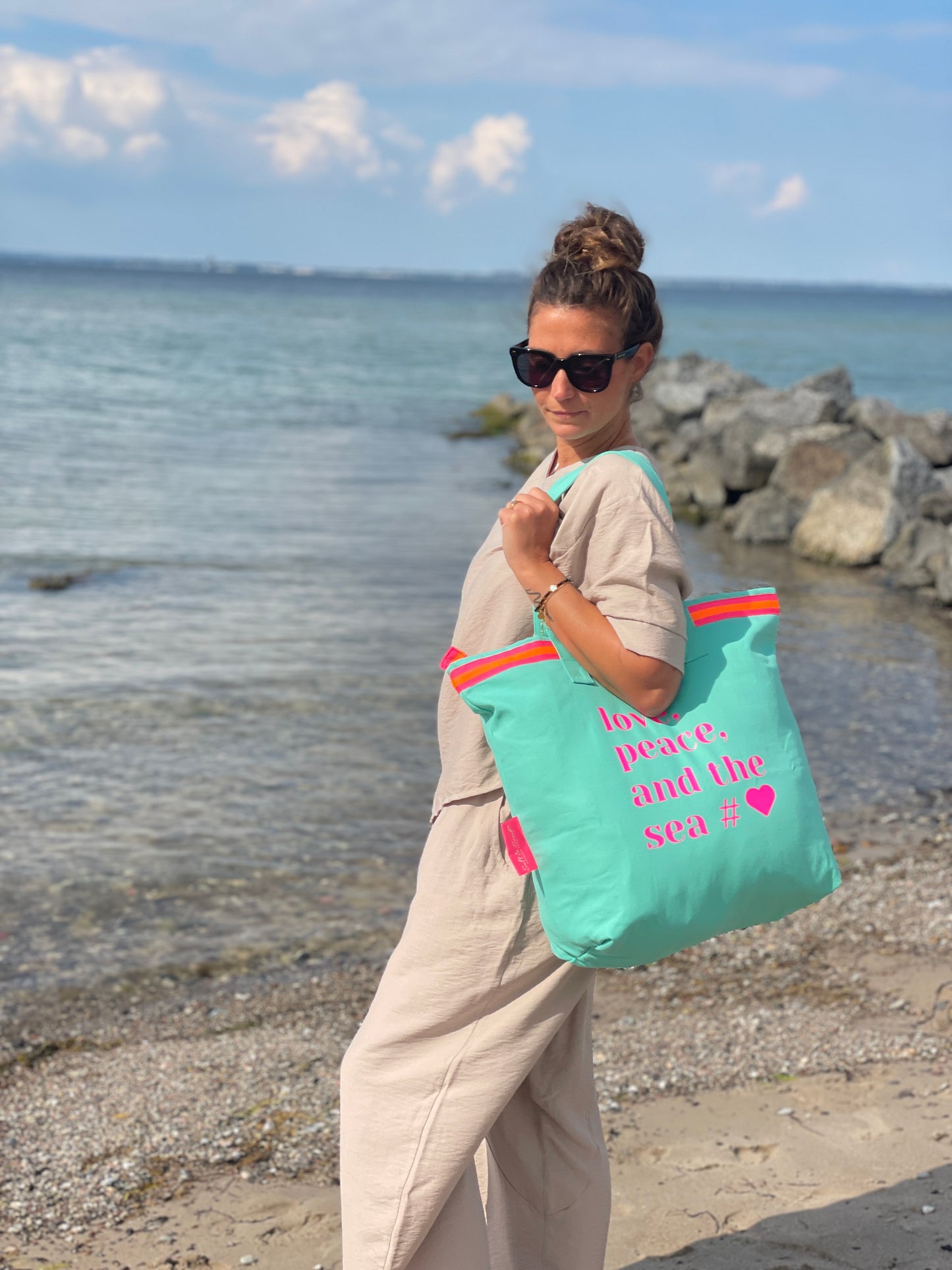 Canvas Shopper Tasche türkis Love Peace and the Sea / B-Ware