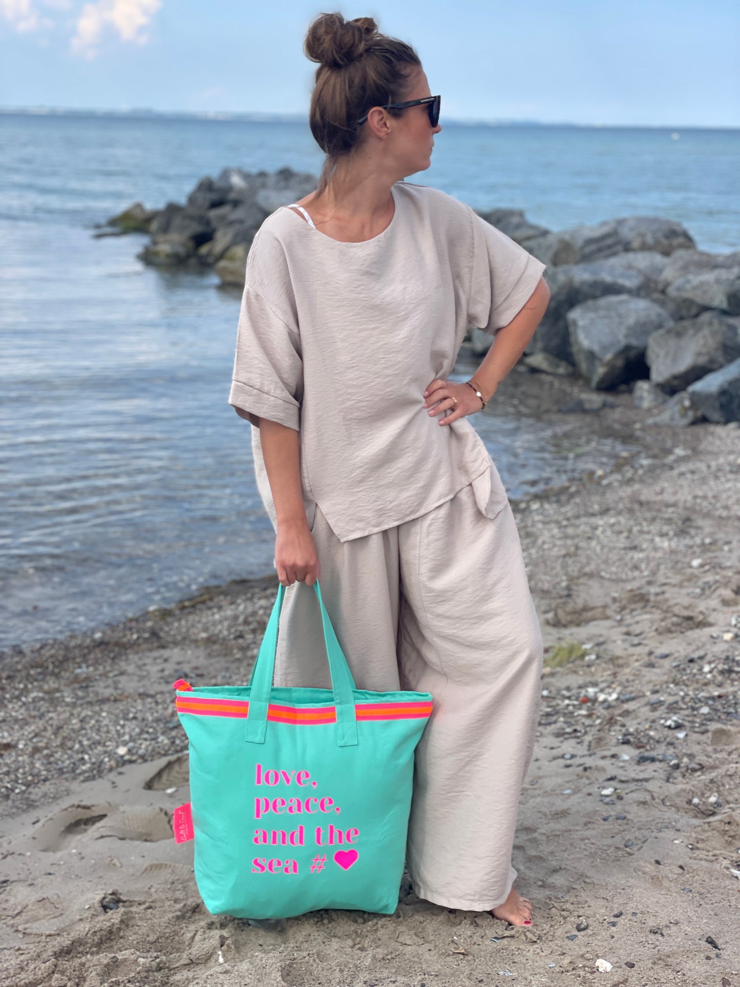 Canvas Shopper Tasche türkis Love Peace and the Sea / B-Ware