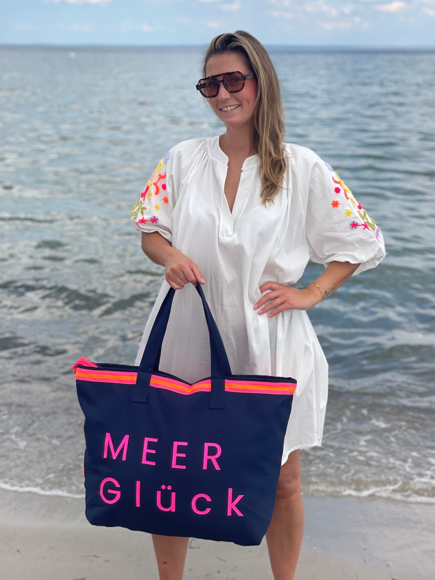 XL Canvas Shopper Strandtasche blau MEER Glück