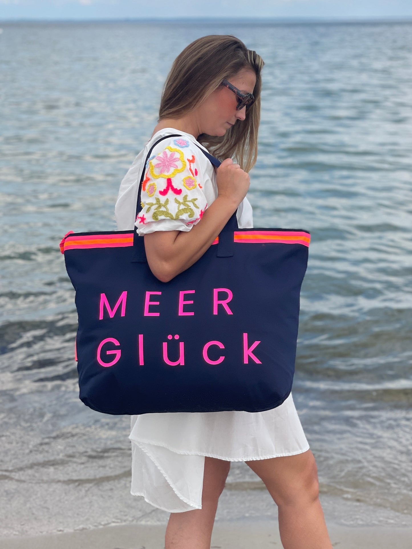XL Canvas Shopper Strandtasche blau MEER Glück