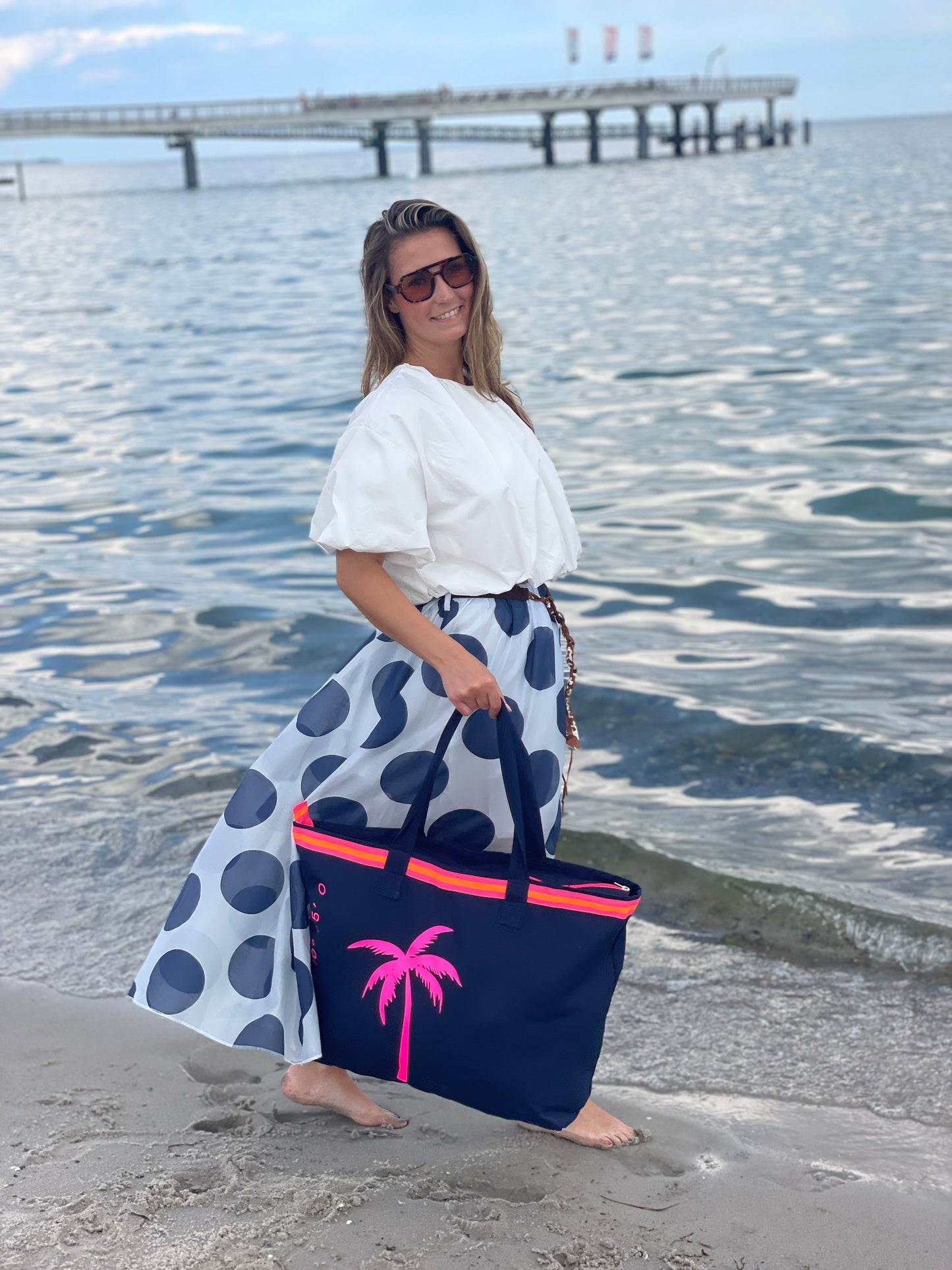 XL Canvas Shopper Strandtasche blau pinke Palme